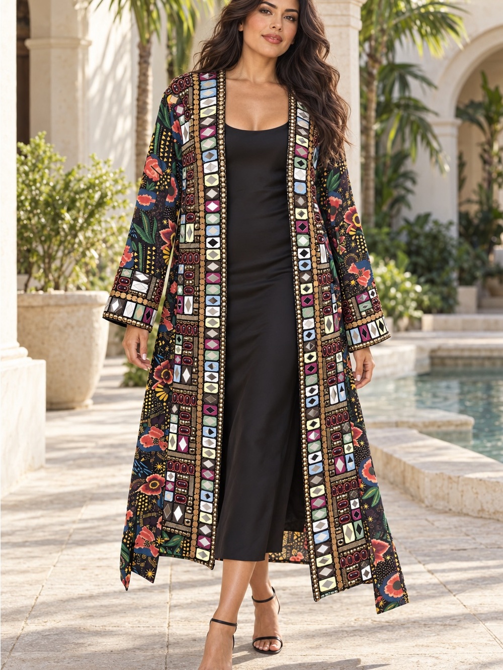 Embroidered Black Floral Long Trench Coat